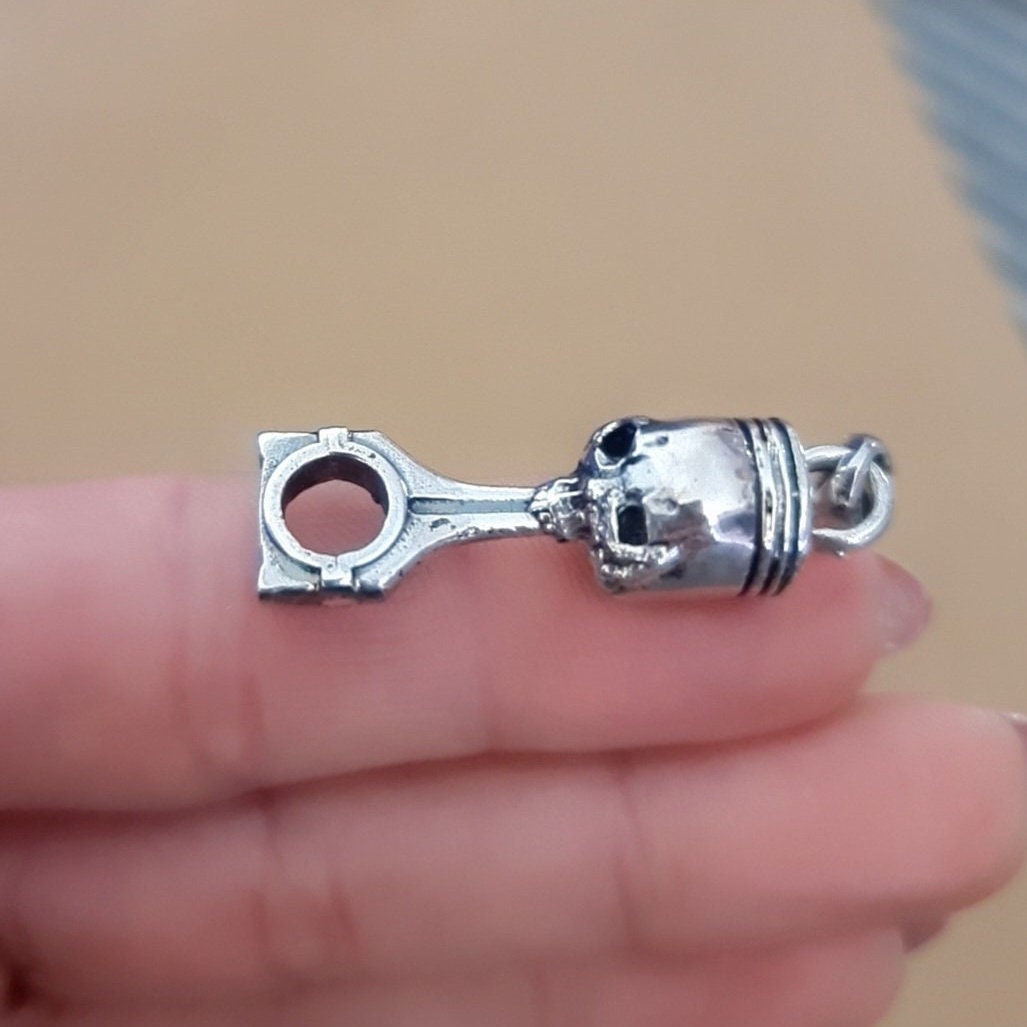 Handmade Sterling Silver Skull Piston Pendant - Gothic Biker Charm