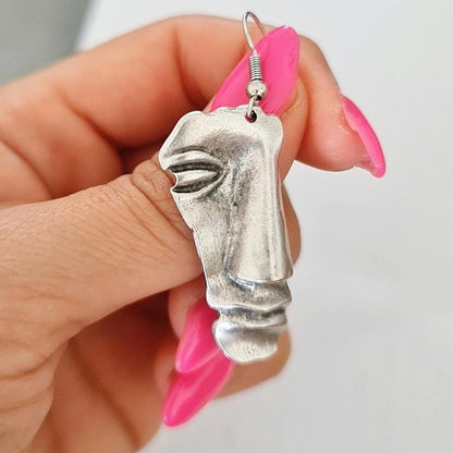Abstract Face Dangle Earrings: Stainless Steel Modern Art Statement Piece