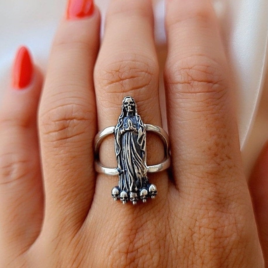Handmade Santa Muerte Ring: Gothic 925 Silver Skull Ring