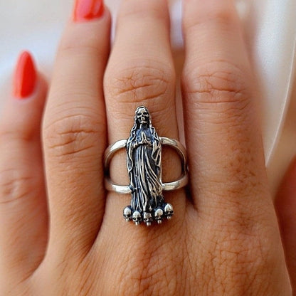 Handmade Santa Muerte Ring: Gothic 925 Silver Skull Ring