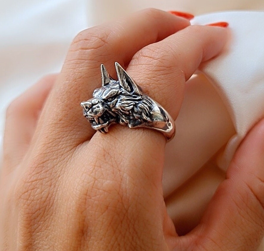 Handmade Sterling Silver Wolf Ring - Gothic Biker Jewelry