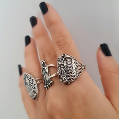Santa Muerte Ring  925 Silver  -Saint Death Ring with modern pattern solid  Ring