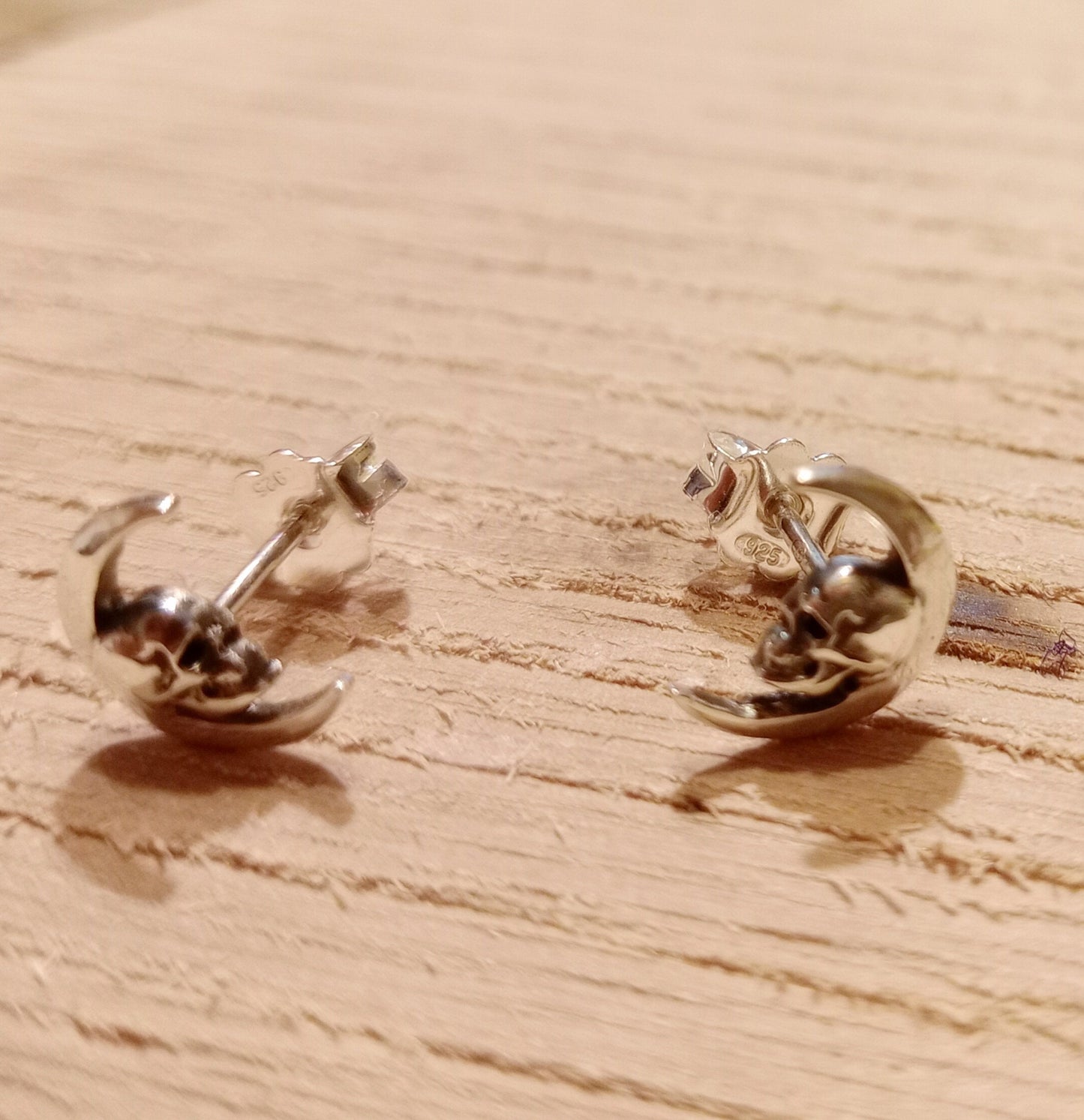 Handmade Gothic Skull Crescent Stud Earrings: 925 Sterling Silver