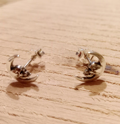 Handmade Gothic Skull Crescent Stud Earrings: 925 Sterling Silver
