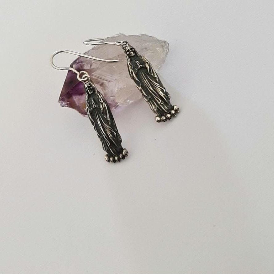 Santa Muerte Dangle Earrings Handmade 925 Sterling Silver - Beautifully Crafted Grim Reaper earrings