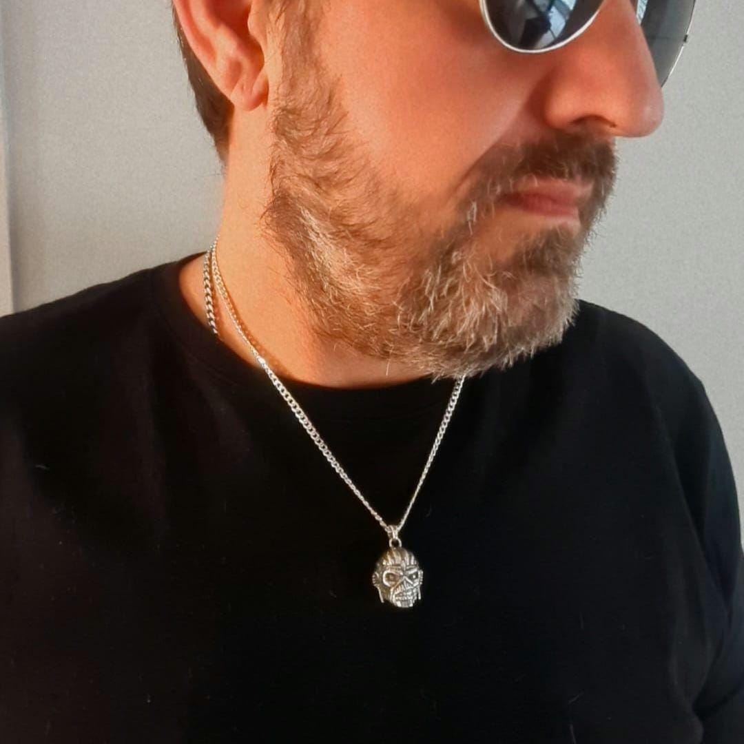 Handmade  Sterling Silver Iron Maiden Book of Souls - Eddie Mayan Warrior Skull Pendant -Rock  Heavy metal jewelry