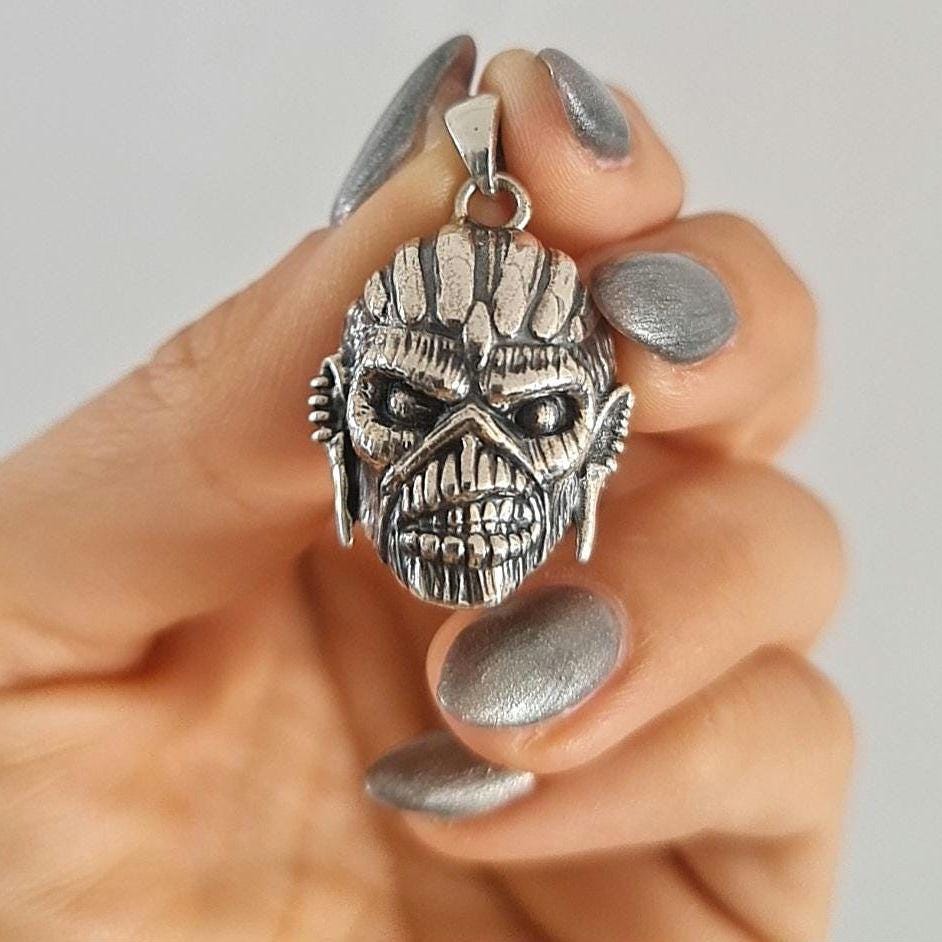 Handmade  Sterling Silver Iron Maiden Book of Souls - Eddie Mayan Warrior Skull Pendant -Rock  Heavy metal jewelry