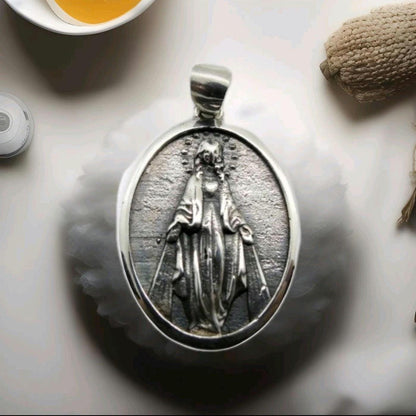 Virgin Mary Pendant - Mother of All - Religious Symbol of Protection  Silver Jewelry