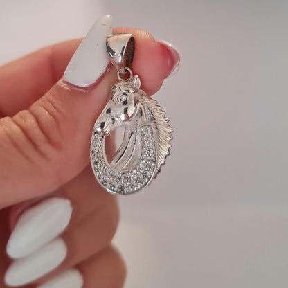 Sterling Silver Horse Pendant: Zircon Horseshoe Equestrian Necklace