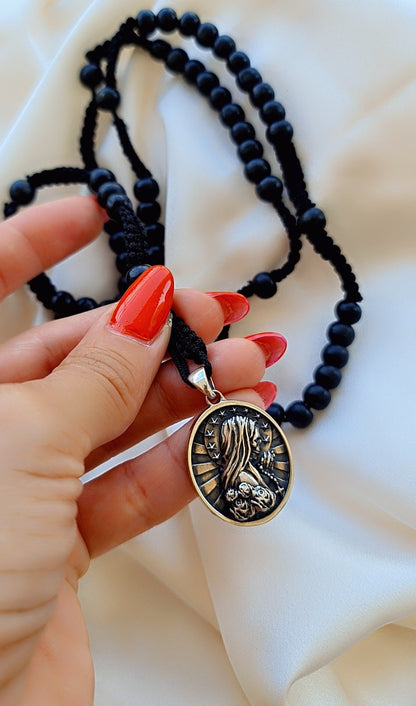 Handmade Santa Muerte Rosary Necklace: 925 Silver Praying Pendant
