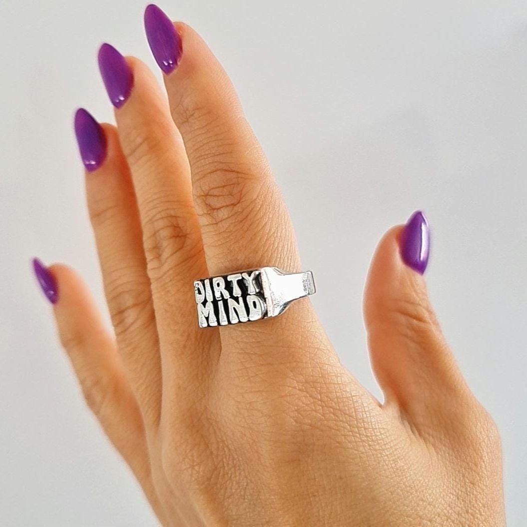 Handmade Sterling Silver "DIRTY MIND" Ring - Gothic Retro Style