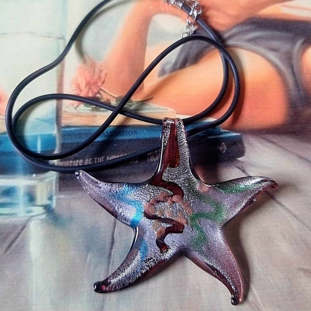 Oversized Murano Glass Starfish Pendant Necklace: Millefiori Glass
