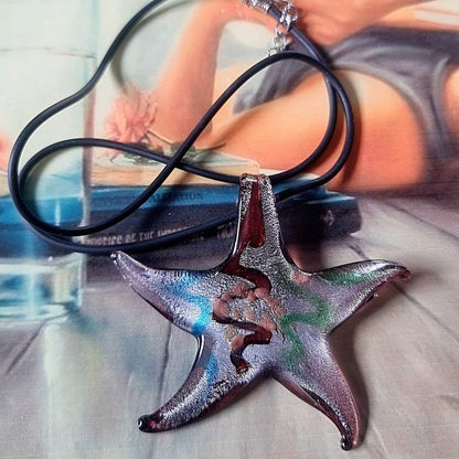 Oversized Murano Glass Starfish Pendant Necklace: Millefiori Glass