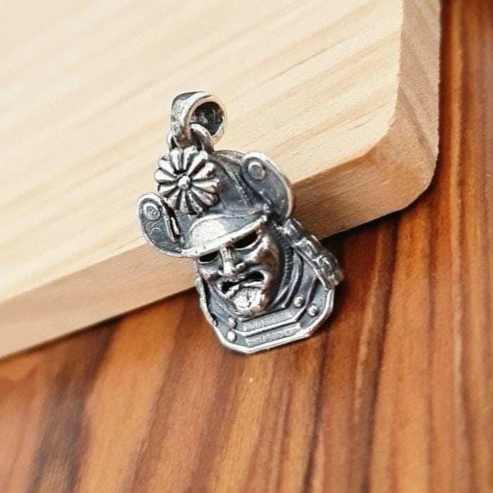 Handmade Sterling Silver Samurai Mask Pendant: Gothic Japanese Necklace