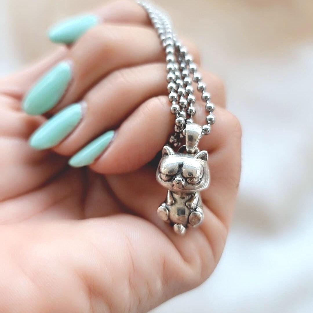 Handmade Sterling Silver Lazy Kitten Pendant - Cat Lover Jewelry