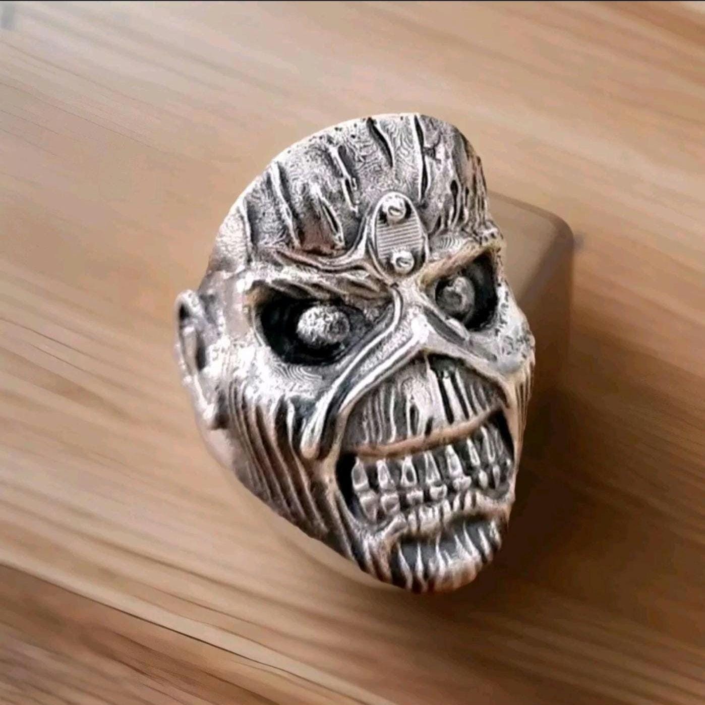 Handmade Sterling Silver Iron Maiden Eddie Skull Ring - Biker Punk Rock
