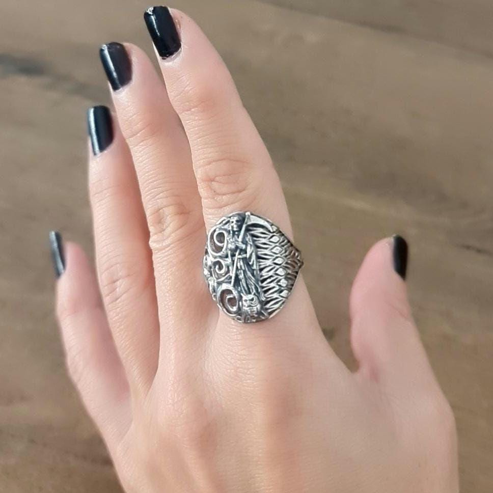 Santa Muerte Ring  925 Silver  -Saint Death Ring with modern pattern solid  Ring