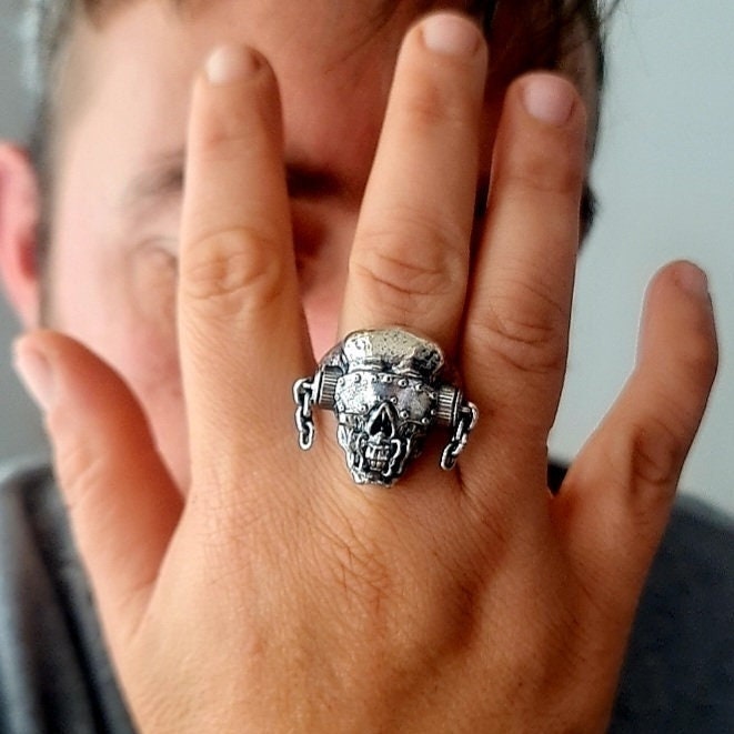 Handmade Sterling Silver Megadeth Vic Rattlehead Skull Ring - Heavy Metal Biker Jewelry