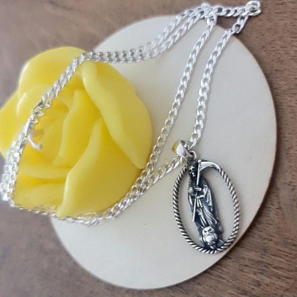 Handmade 925 Silver Santa Muerte Scythe Pendant Necklace: Gothic Style