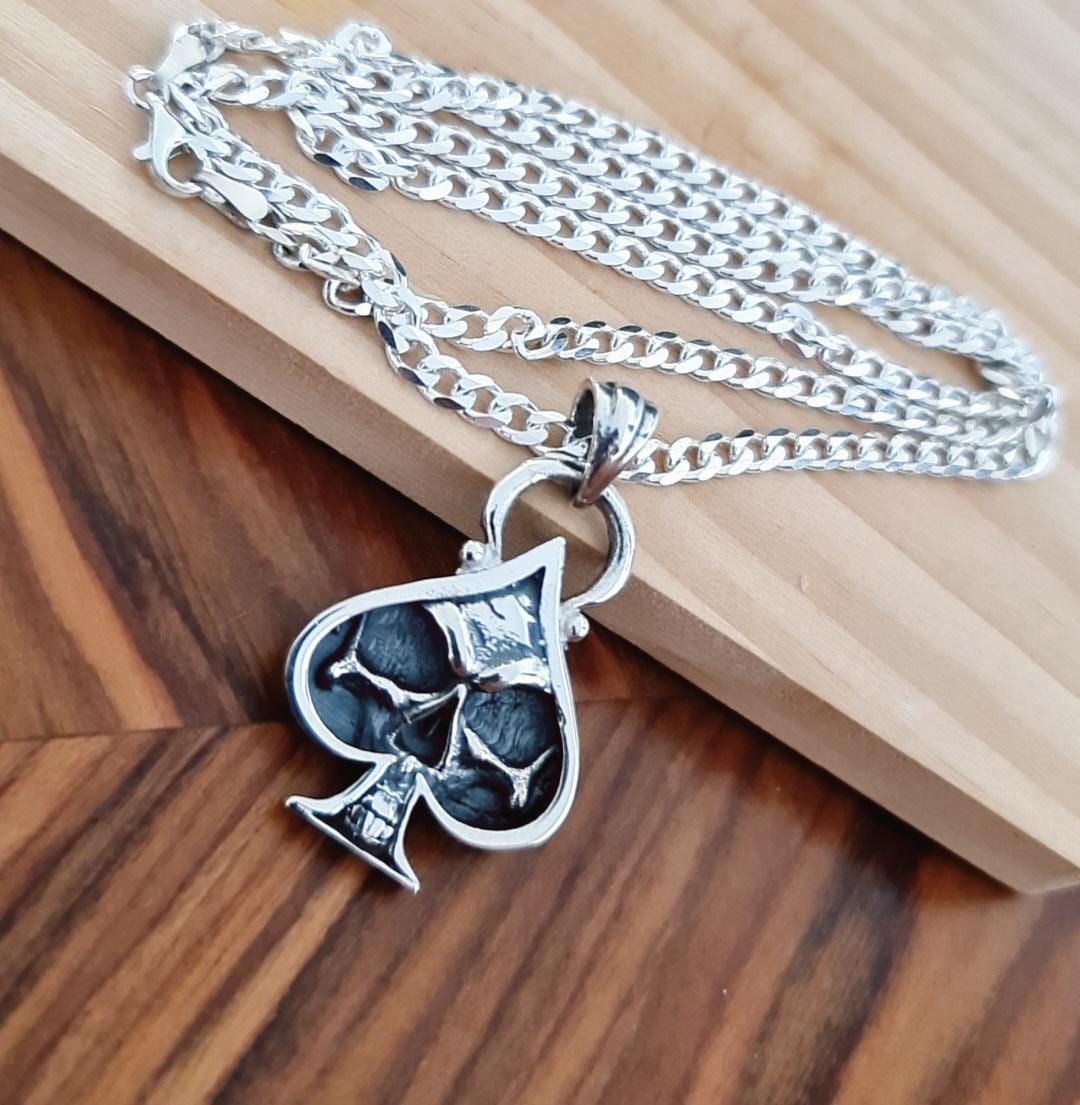 Handmade Sterling Silver Ace of Spades Skull Pendant: Gothic Punk Jewelry