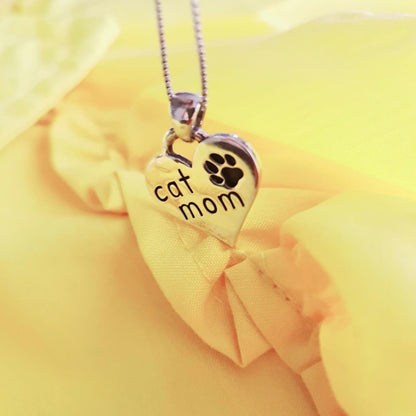 Handmade Sterling Silver Cat Mom Heart Pendant - Paw Print Charm