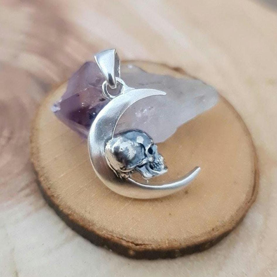 Handmade Gothic Sterling Silver Skull Moon Pendant Necklace