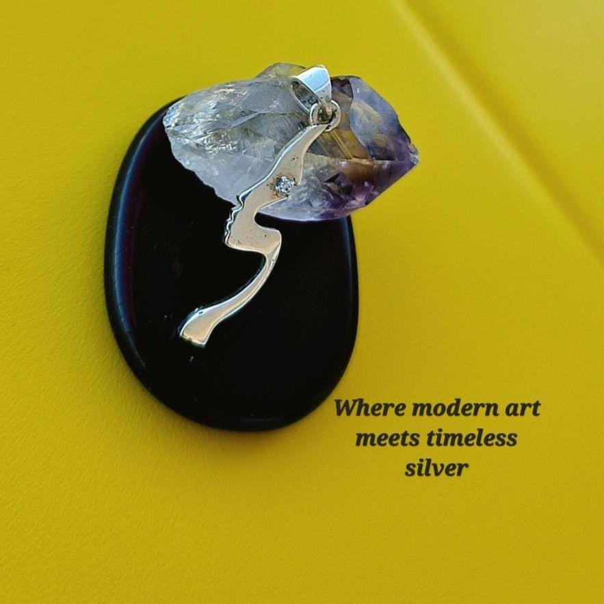 Abstract Face Pendant Sterling Silver Minimalist Modern Jewelry with Stone Eye