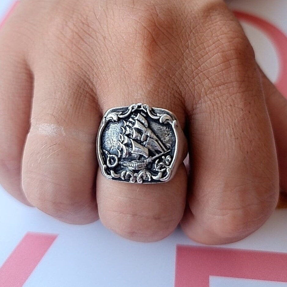 Handmade Sterling Silver Kraken Signet Ring: Gothic Pirate Ship Design
