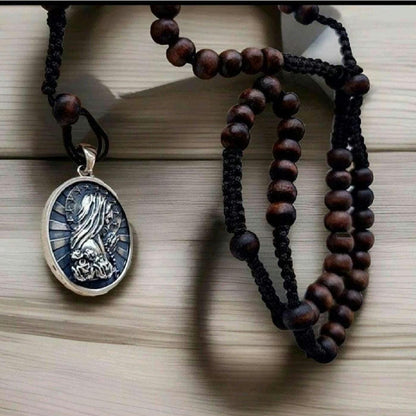 Handmade Santa Muerte Rosary Necklace: 925 Silver Praying Pendant