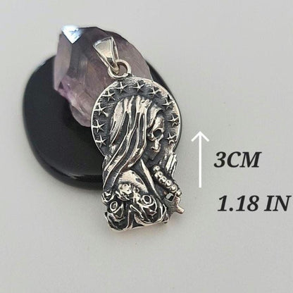 925 Silver Santa Muerte praying Pendant  with Roses & A cross Rosary - Holy Death