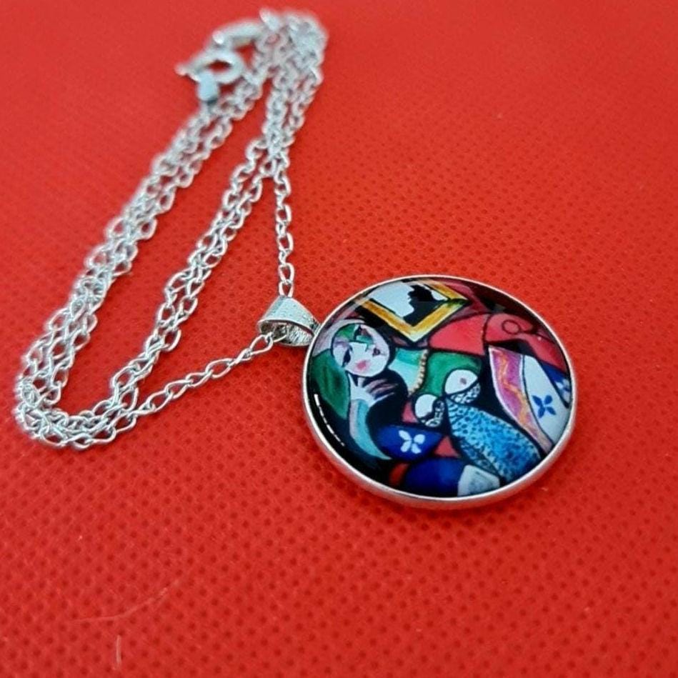 Picasso Art Nouveau Cabochon Necklace: 925 Sterling Silver Pendant