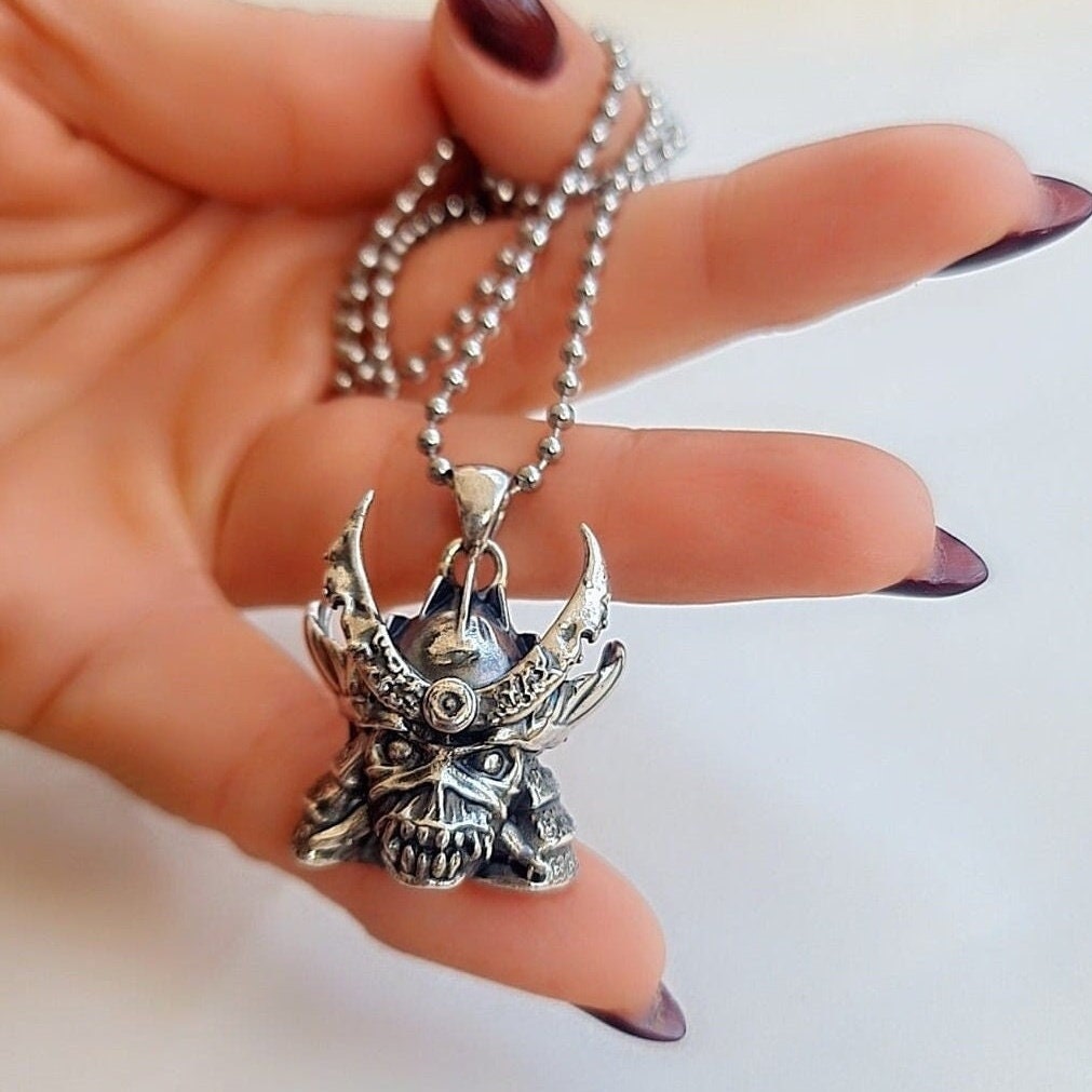Handmade Sterling Silver Iron Maiden Senjutsu - Samurai Skull Pendant: Rocker Biker Jewelry