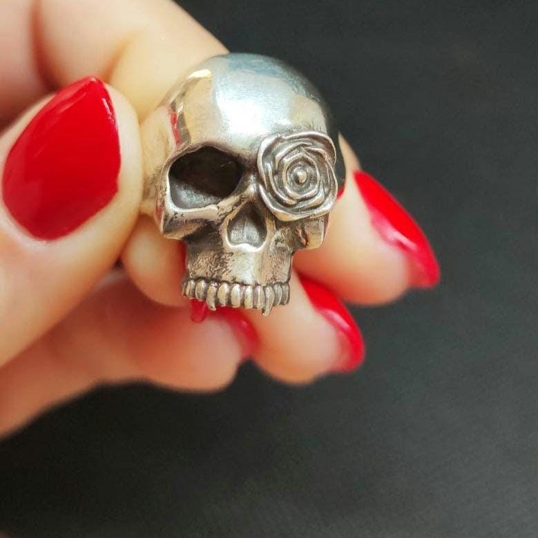 Handmade Sterling Silver Skull Ring: Gothic Rose Design
