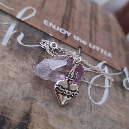 Sterling Silver Sacred Heart Necklace: Flame & Thorns, Catholic Gift