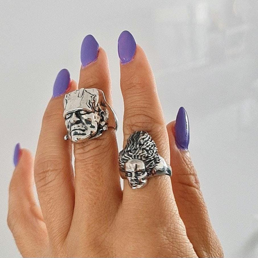 Handcrafted Gothic Frankenstein's Bride Sterling Silver Ring - Horror Enthusiast Gift