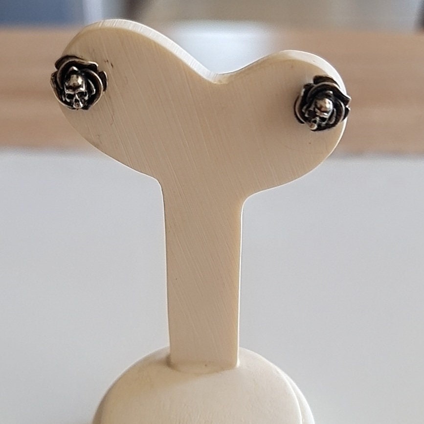 Roses and Skulls Stud Earrings - Gothic Style - Sterling Silver -