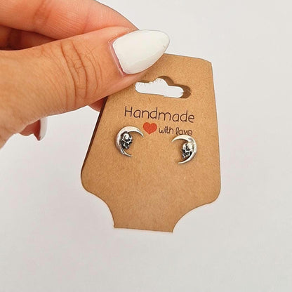 Handmade Gothic Skull Crescent Stud Earrings: 925 Sterling Silver