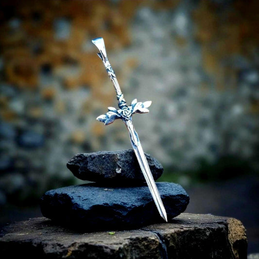 Sterling Silver Blue Rose Sword Pendant: Anime Fantasy Jewelry