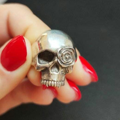 Handmade Sterling Silver Skull Ring: Gothic Rose Design
