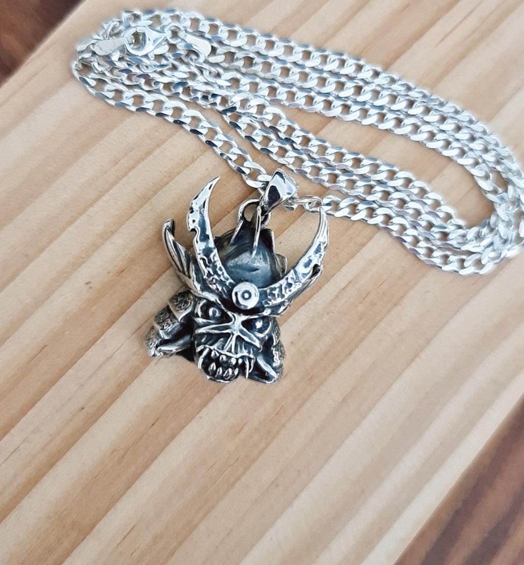 Handmade Sterling Silver Iron Maiden Senjutsu - Samurai Skull Pendant: Rocker Biker Jewelry