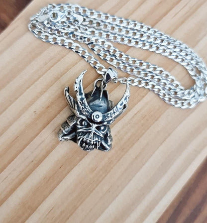 Handmade Sterling Silver Iron Maiden Senjutsu - Samurai Skull Pendant: Rocker Biker Jewelry