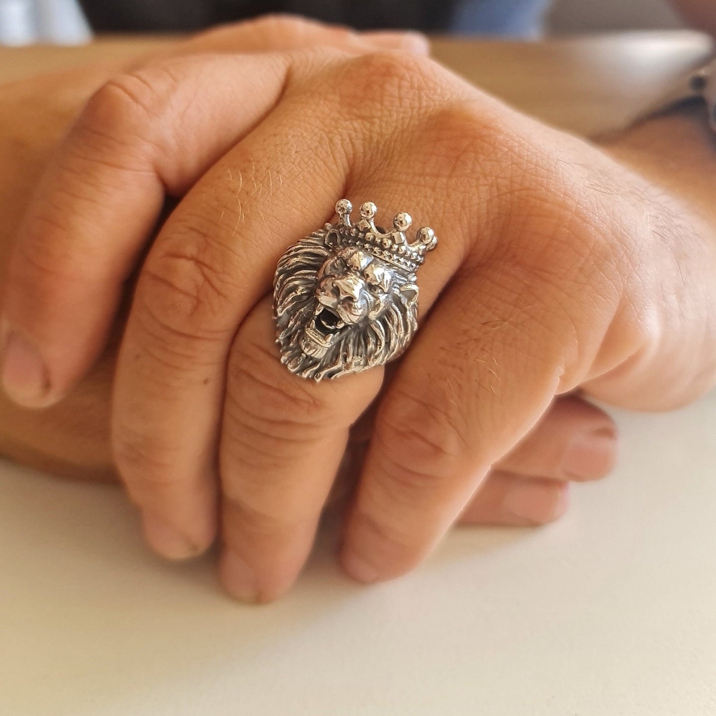Handmade 925 Silver Lion Ring: Gothic Crown Ring