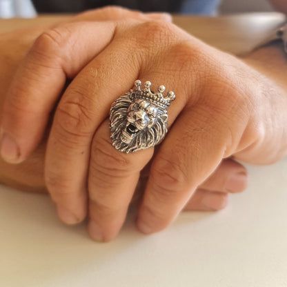 Handmade 925 Silver Lion Ring: Gothic Crown Ring