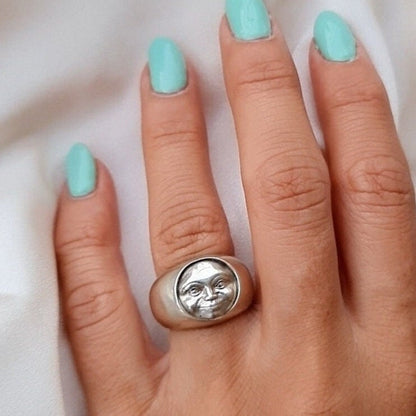 Handmade Sterling Silver Moon Face Ring - Celestial Jewelry