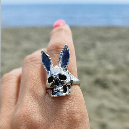 Handmade Sterling Silver Bunny Skull Ring: Gothic Statement Jewelry
