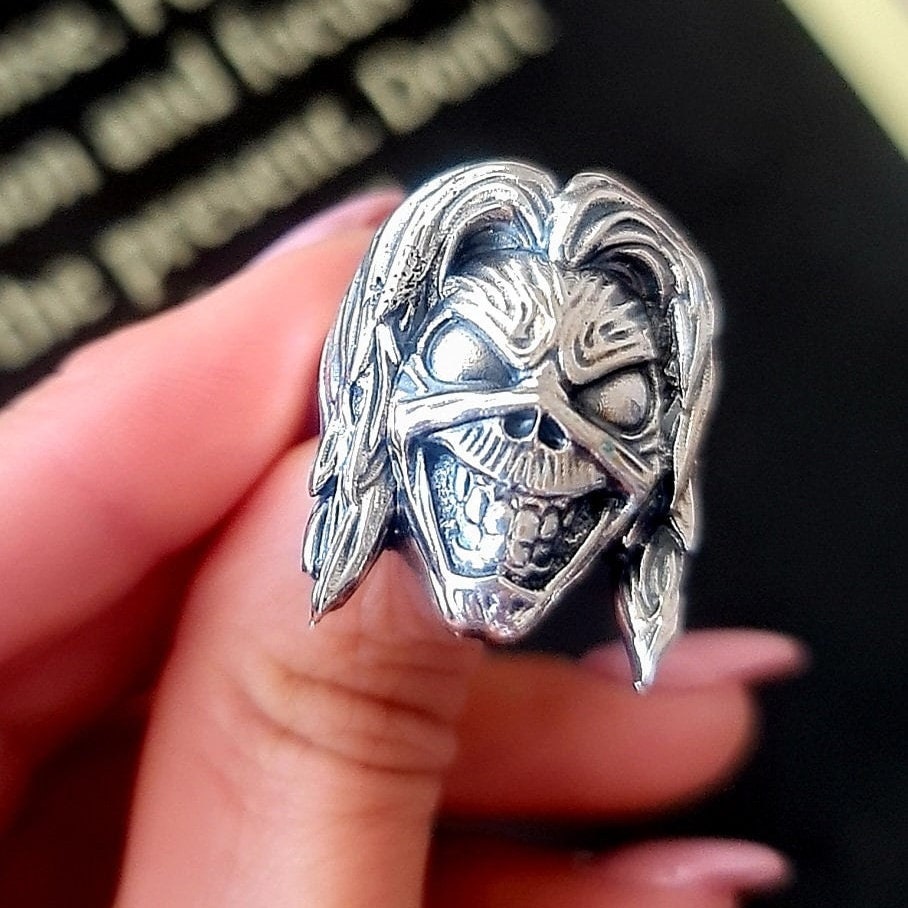 Handmade Sterling Silver Iron Maiden Killers - Eddie Skull Ring: Biker Rock Pendant