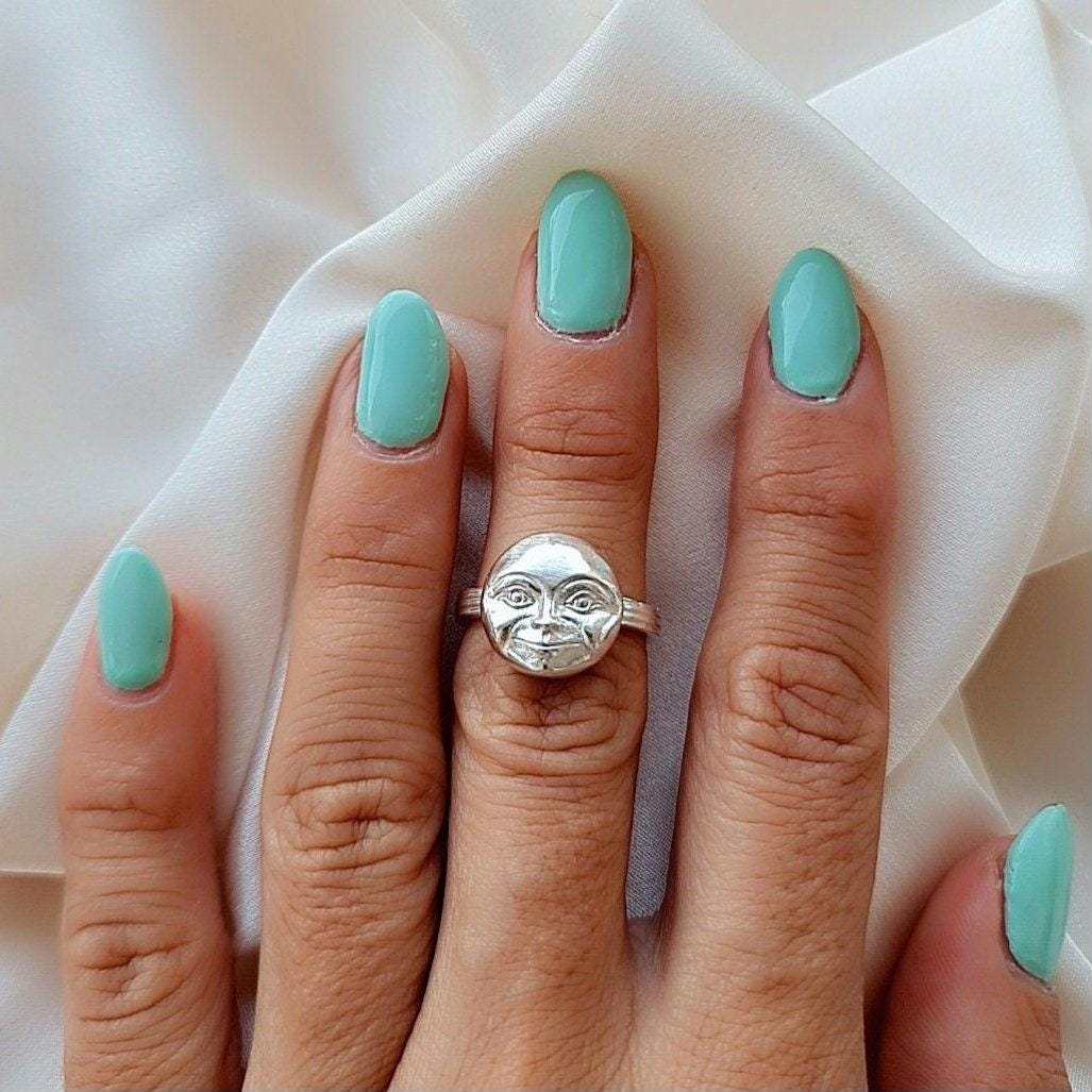Handmade Sterling Silver Full Moon Face Ring: Celestial Jewelry