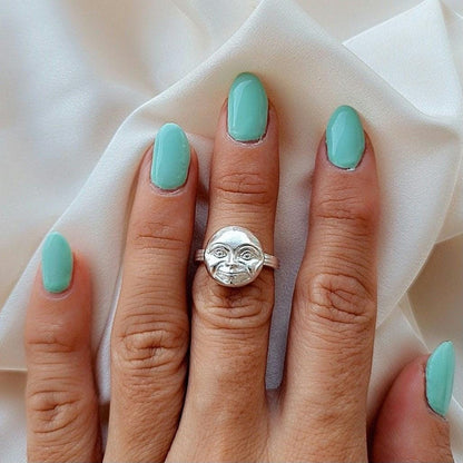Handmade Sterling Silver Full Moon Face Ring: Celestial Jewelry