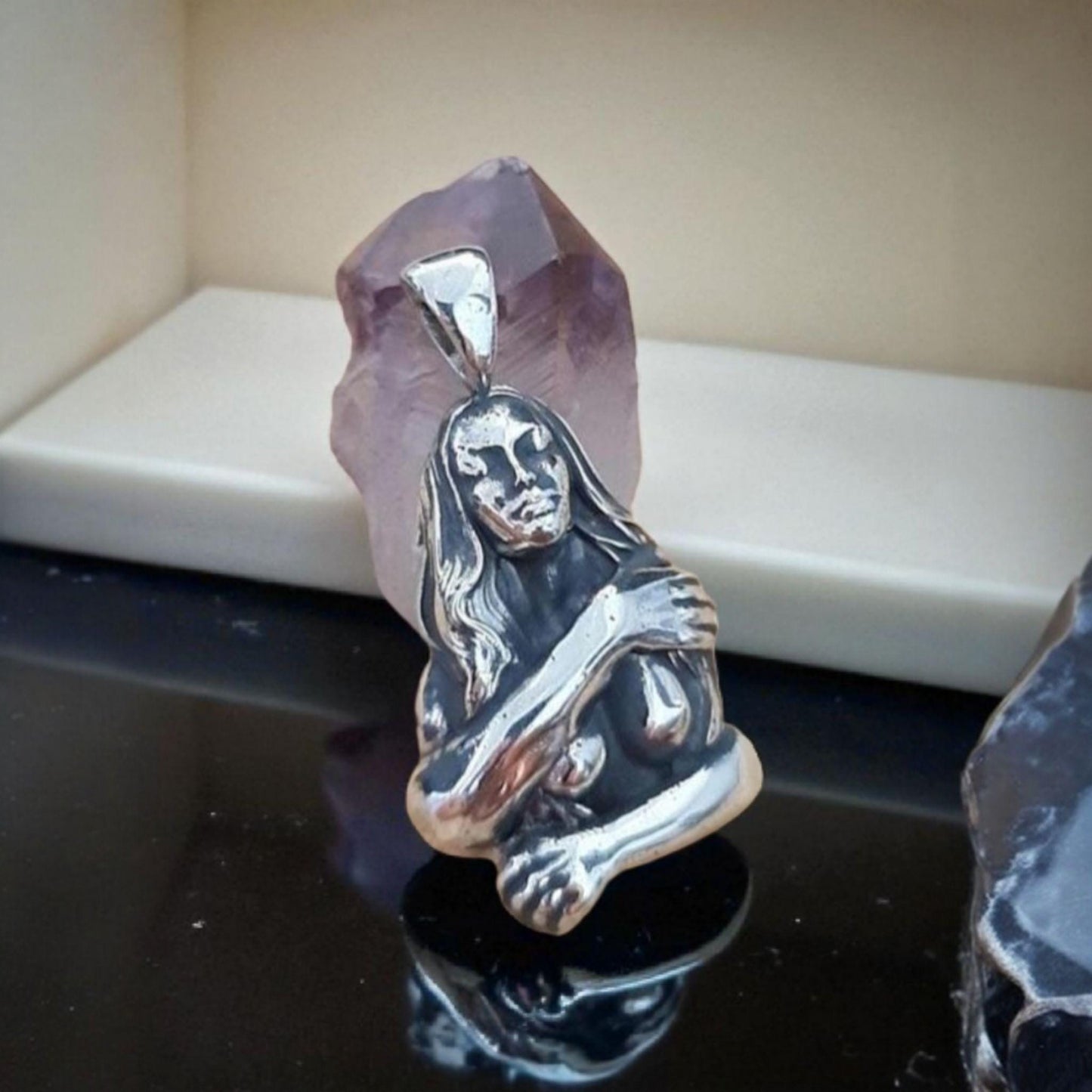 Retro topless godess held by man's arms- Pendant in 925  Sterling Silver -Unique Handcrafted Gift for Her or him