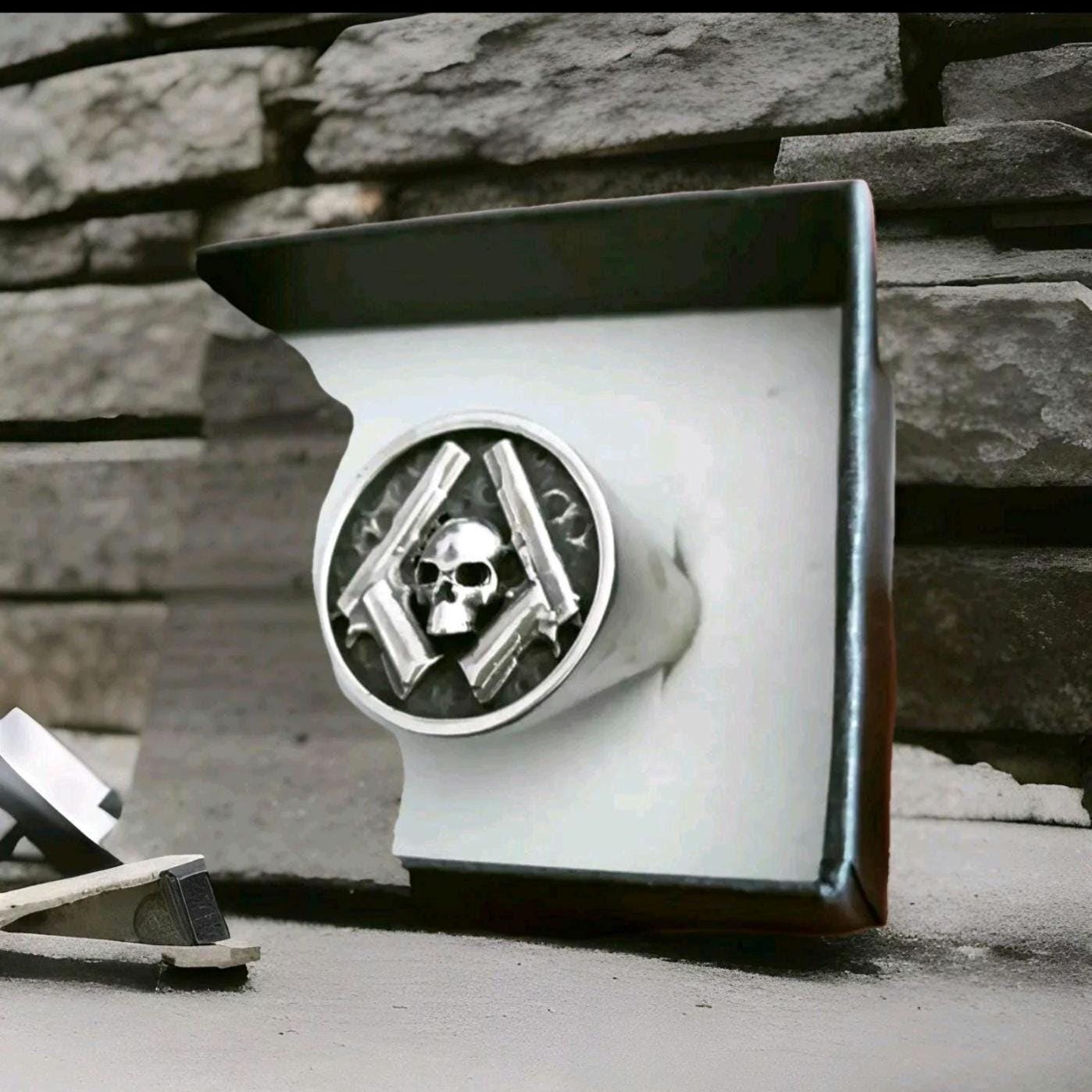 Skull & Guns silver Ring – Bold Biker Jewelry for Men – Rebel Outlaw Motorcycle Gift, Unique Design